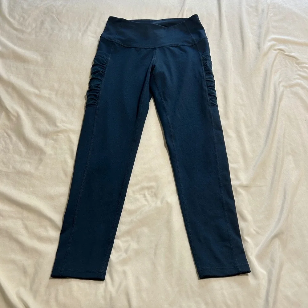 Z by Zella‎ Womens Ruched Side Pocket 7/8 Leggings Teal Blue Small